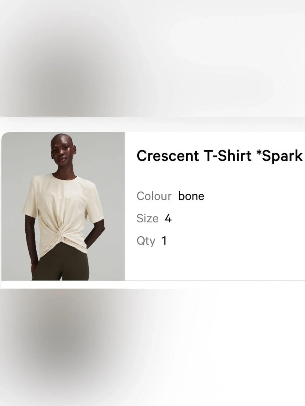 NWOT LULULEMON CRESCENT TEE TWIST FRONT WAIST LENGTH TOP IN BONE SHIMMER SIZE 4